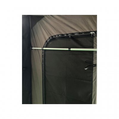 Tent porch pole mounted as wardrobe pole.